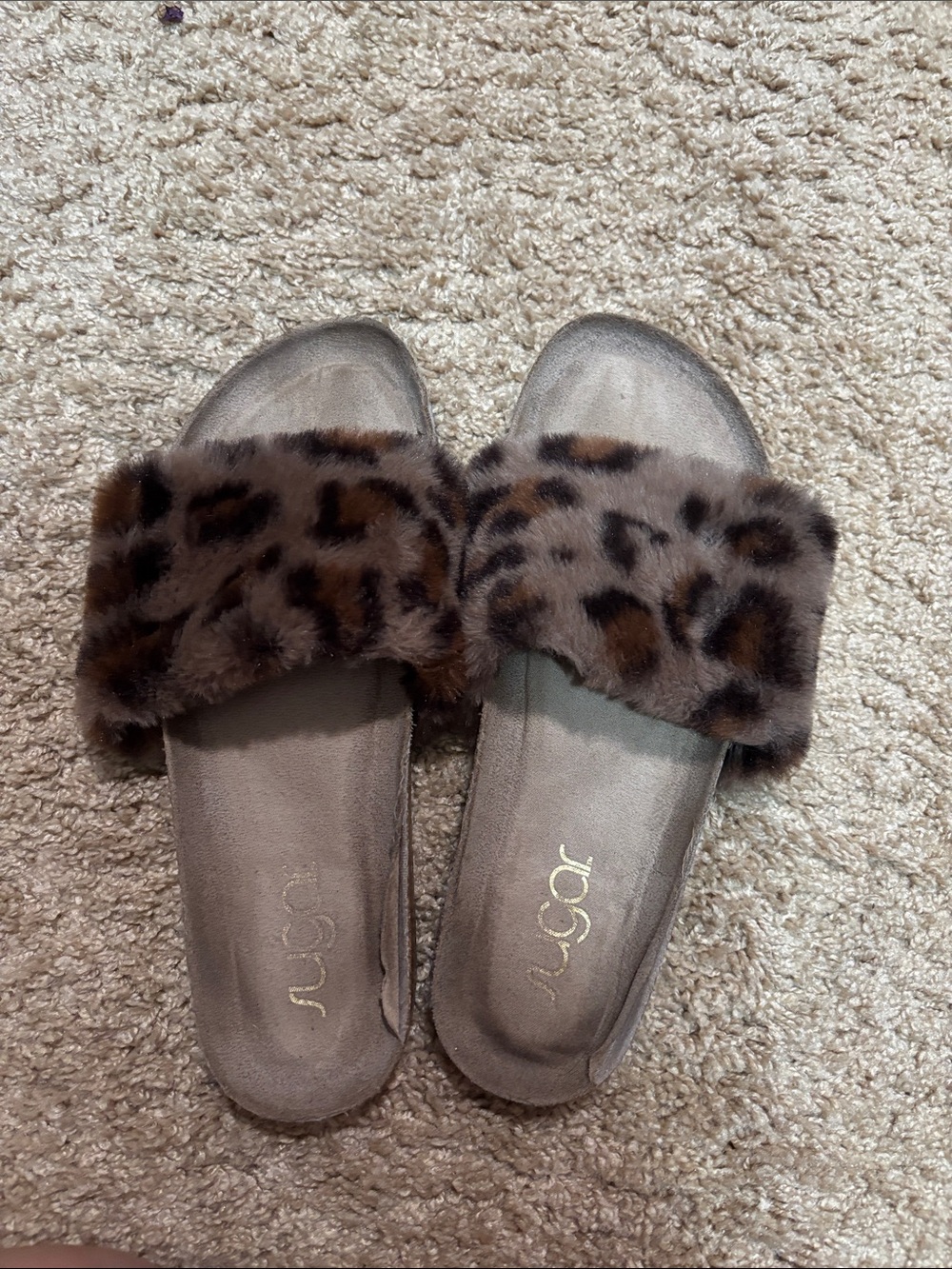 Sugar Leopard Faux Fur Slide Sandals - Brown
